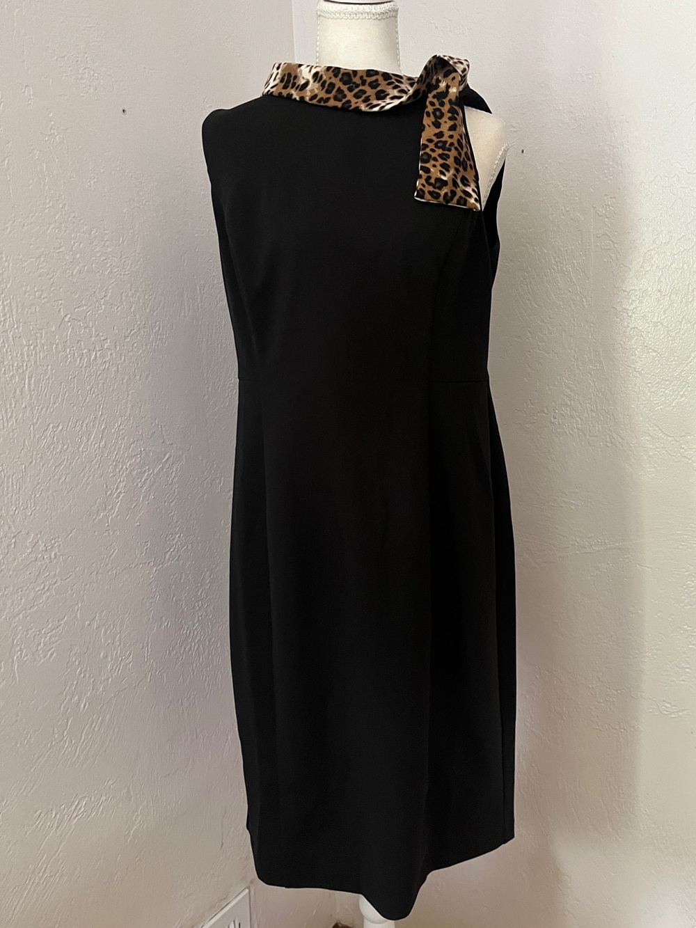 DKNY Black Midi Dress with Leopard-Print Neck Tie